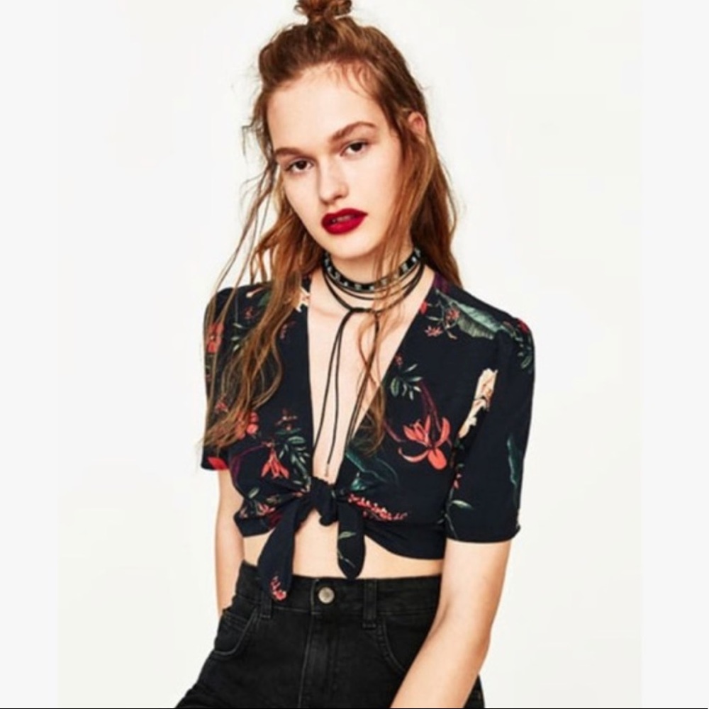 Zara Tie-Front Floral Crop Top
